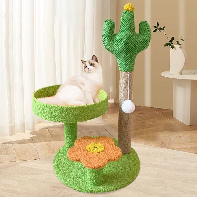 Traditional Rustic Sisal Rope MDF Fabric Cactus Scratching Cat Tower 3-Tier For Living Room Cuvalon