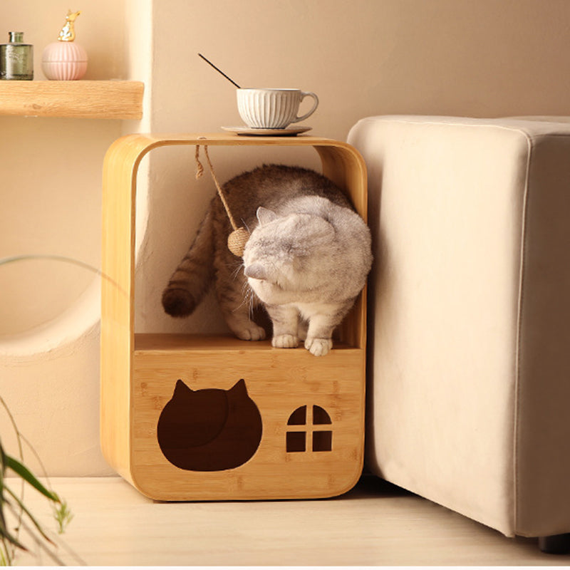 Modern Minimalist Rectangular Bamboo Multi-Functional Cat Bed 1-Hole For Living Room Cuvalon