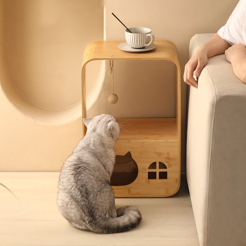 Modern Minimalist Rectangular Bamboo Multi-Functional Cat Bed 1-Hole For Living Room Cuvalon