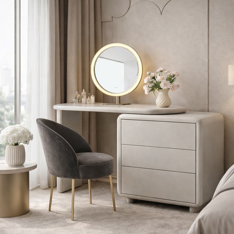 Scandinavian Extendable Makeup Vanity - High-Density MDF Solid Wood Particle Board 3-Drawer Vanity Table For Bedroom Cuvalon