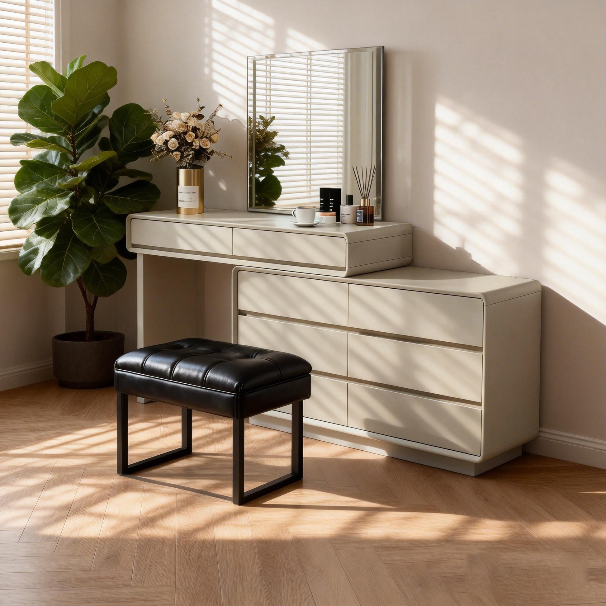 Space-Saving Extendable Dressing Table - MDF Countertop & Particle Board Drawers Makeup Vanity For Bedroom Cuvalon