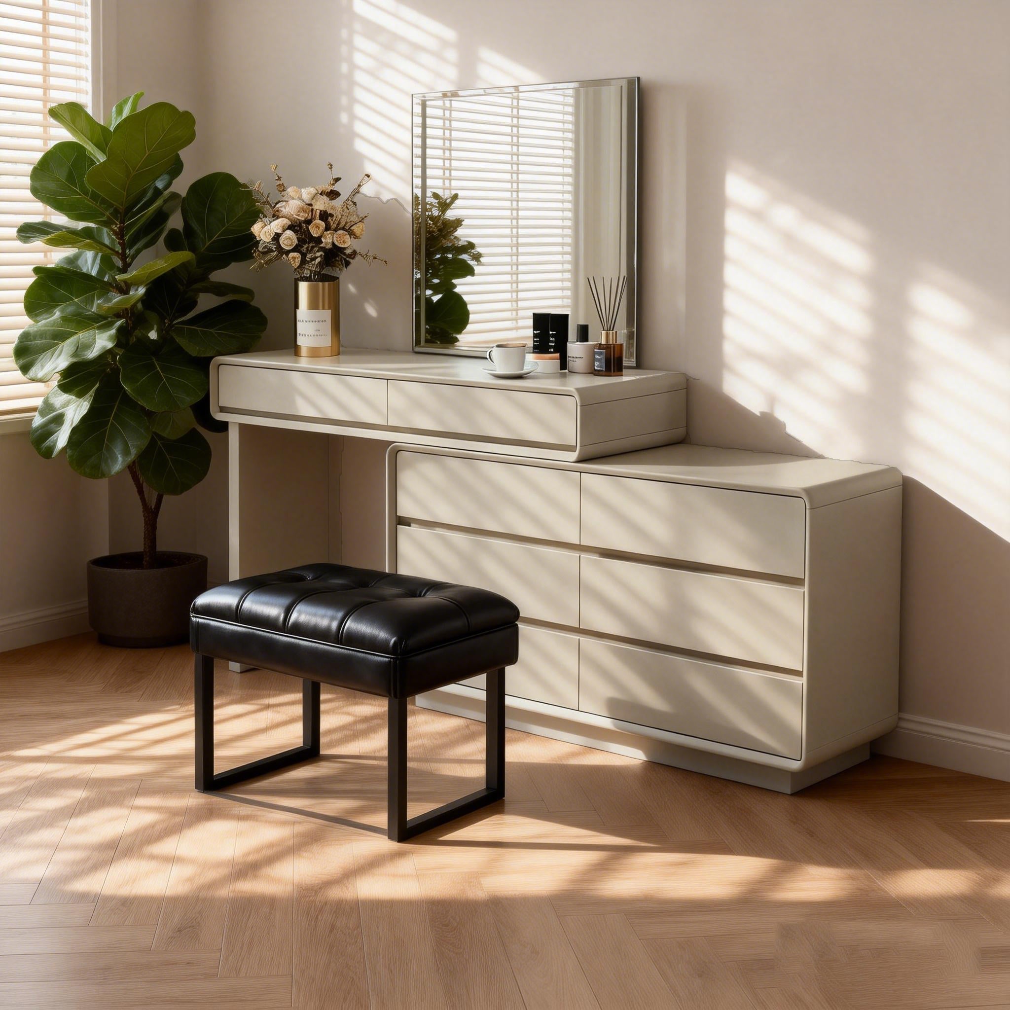 Space-Saving Extendable Dressing Table - MDF Countertop & Particle Board Drawers Makeup Vanity For Bedroom Cuvalon