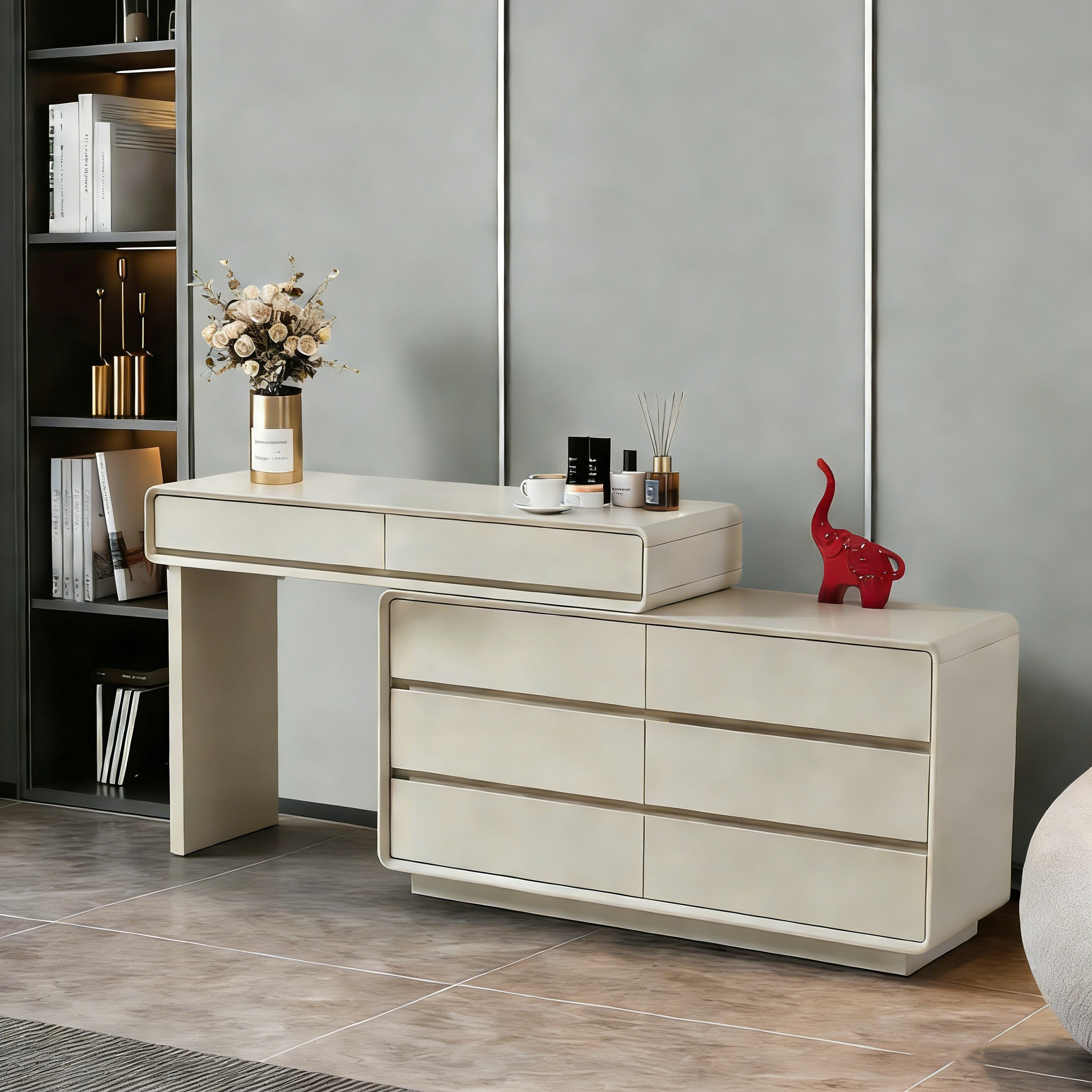 Space-Saving Extendable Dressing Table - MDF Countertop & Particle Board Drawers Makeup Vanity For Bedroom Cuvalon