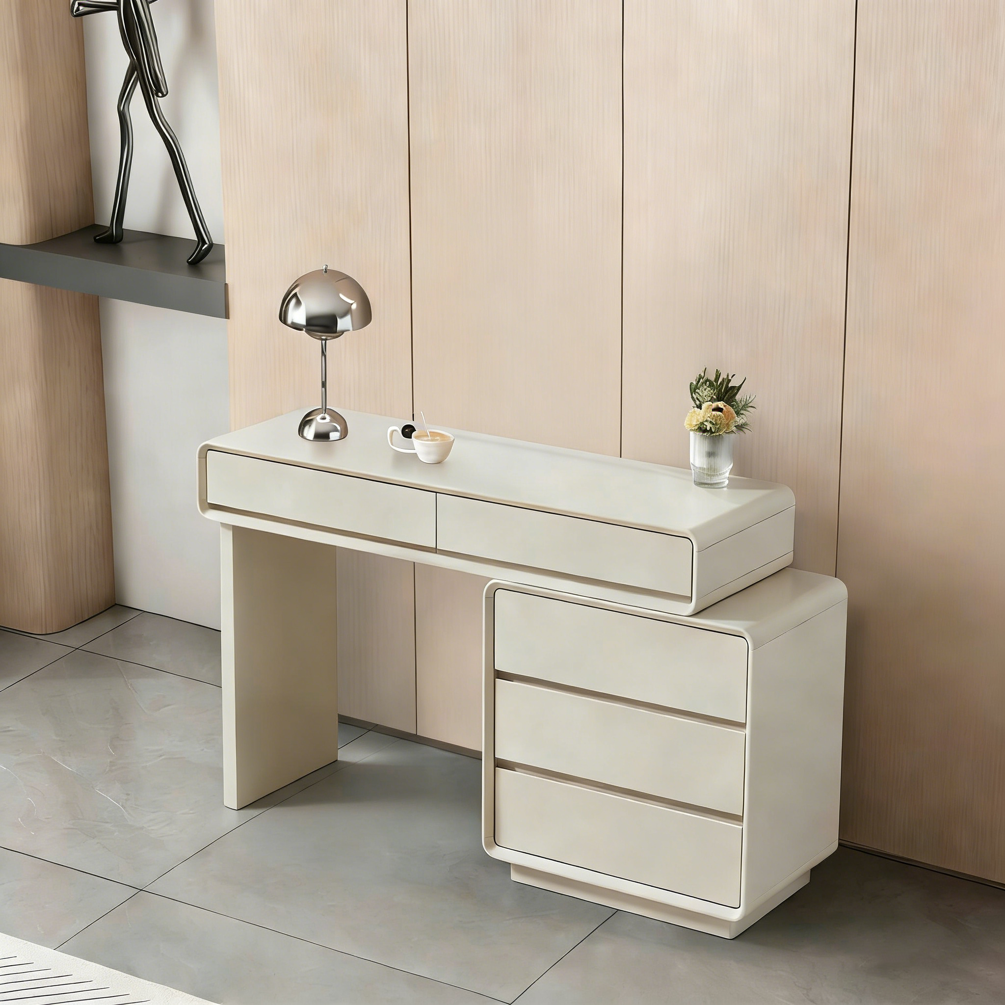 Contemporary Nordic Extendable Makeup Vanity - 5-Drawer High-Density MDF Particle Board Dressing Table For Bedroom Cuvalon