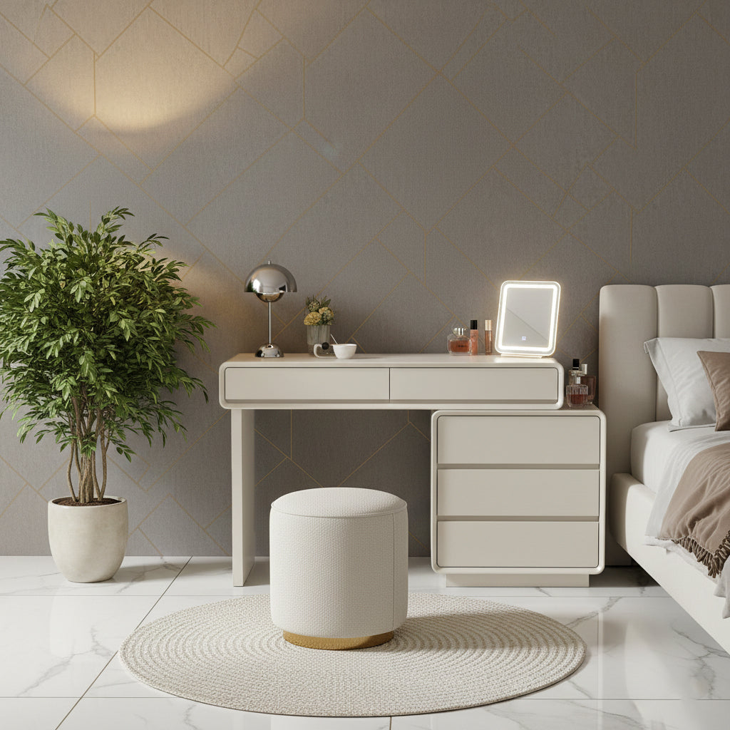 Contemporary Nordic Extendable Makeup Vanity - 5-Drawer High-Density MDF Particle Board Dressing Table For Bedroom Cuvalon