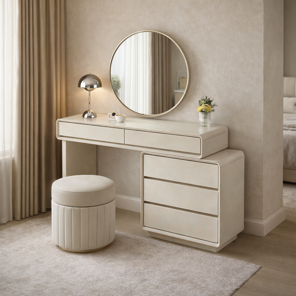 Contemporary Nordic Extendable Makeup Vanity - 5-Drawer High-Density MDF Particle Board Dressing Table For Bedroom Cuvalon