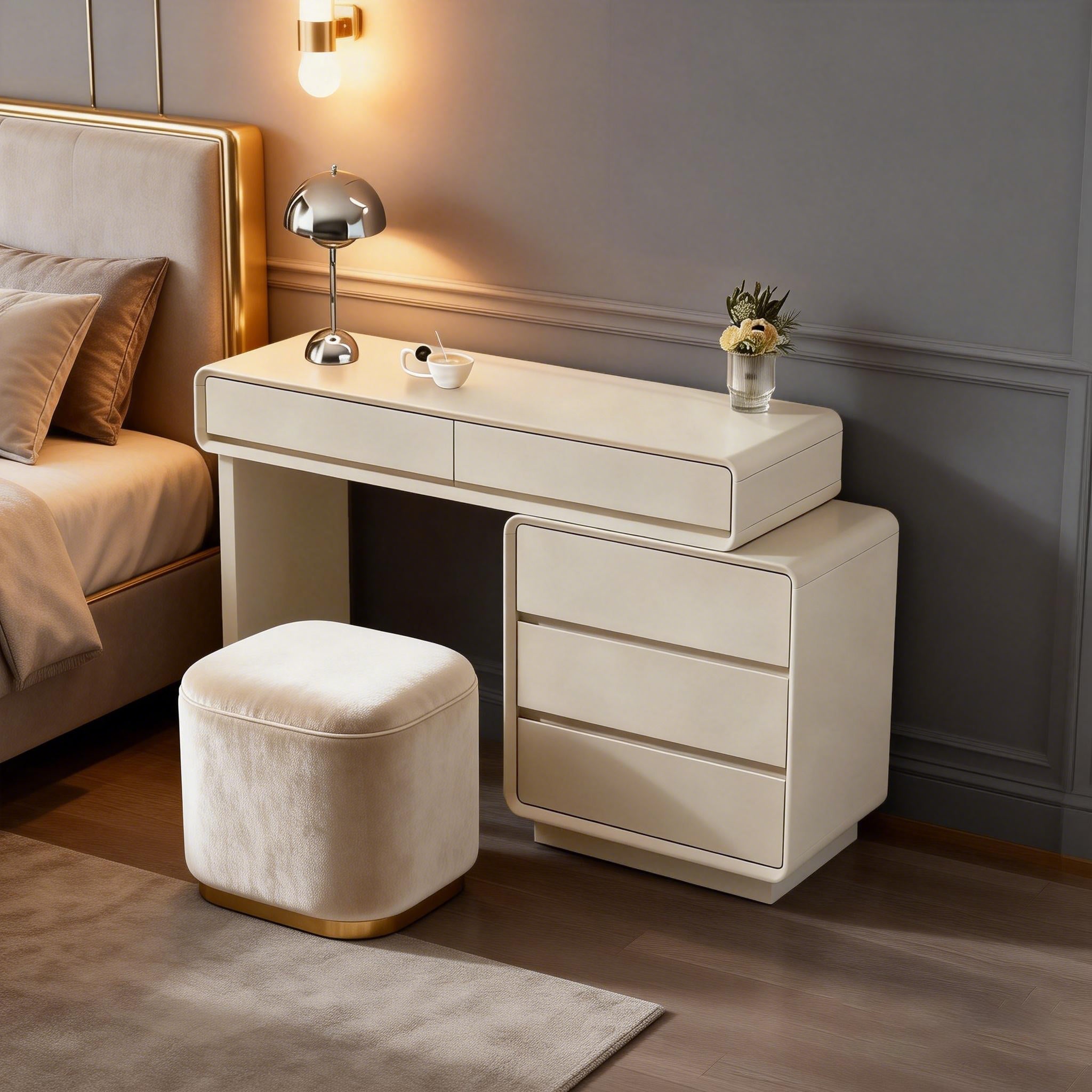Contemporary Nordic Extendable Makeup Vanity - 5-Drawer High-Density MDF Particle Board Dressing Table For Bedroom Cuvalon
