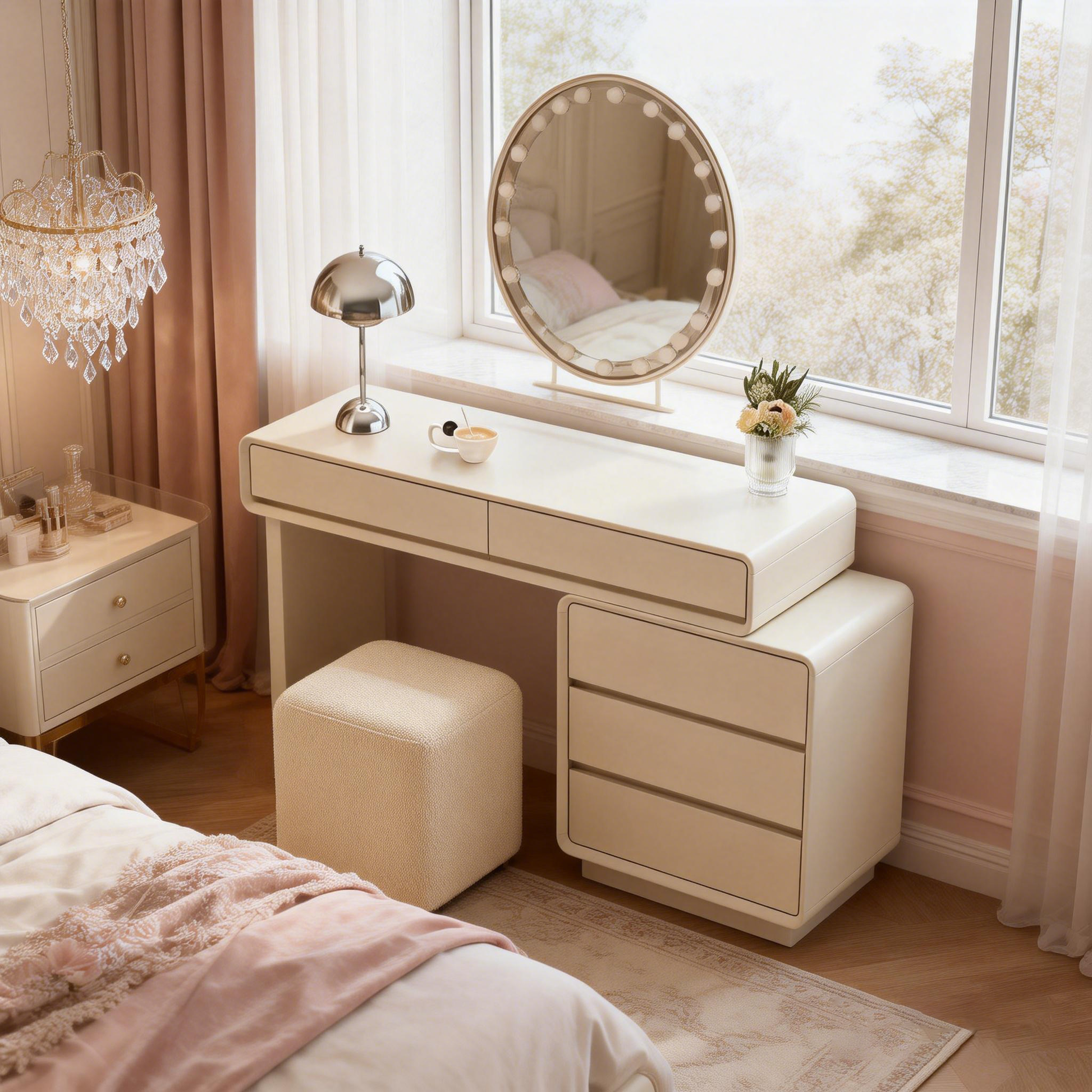 Contemporary Nordic Extendable Makeup Vanity - 5-Drawer High-Density MDF Particle Board Dressing Table For Bedroom Cuvalon