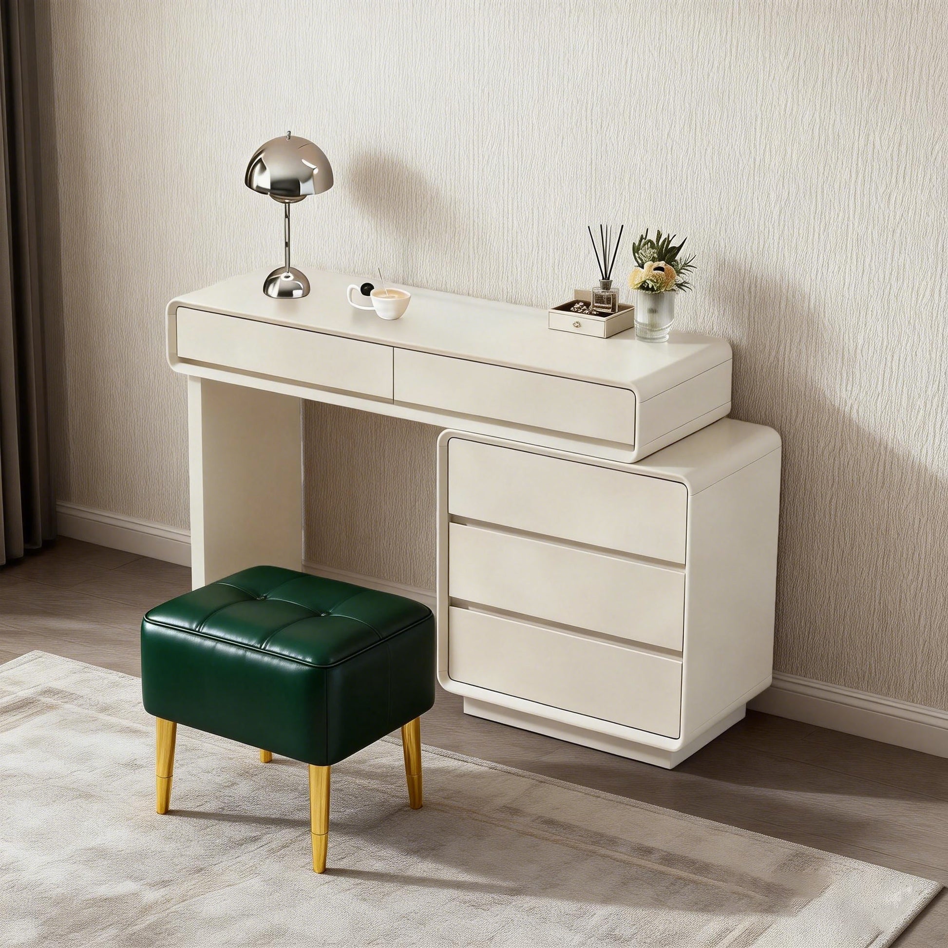 Contemporary Nordic Extendable Makeup Vanity - 5-Drawer High-Density MDF Particle Board Dressing Table For Bedroom Cuvalon