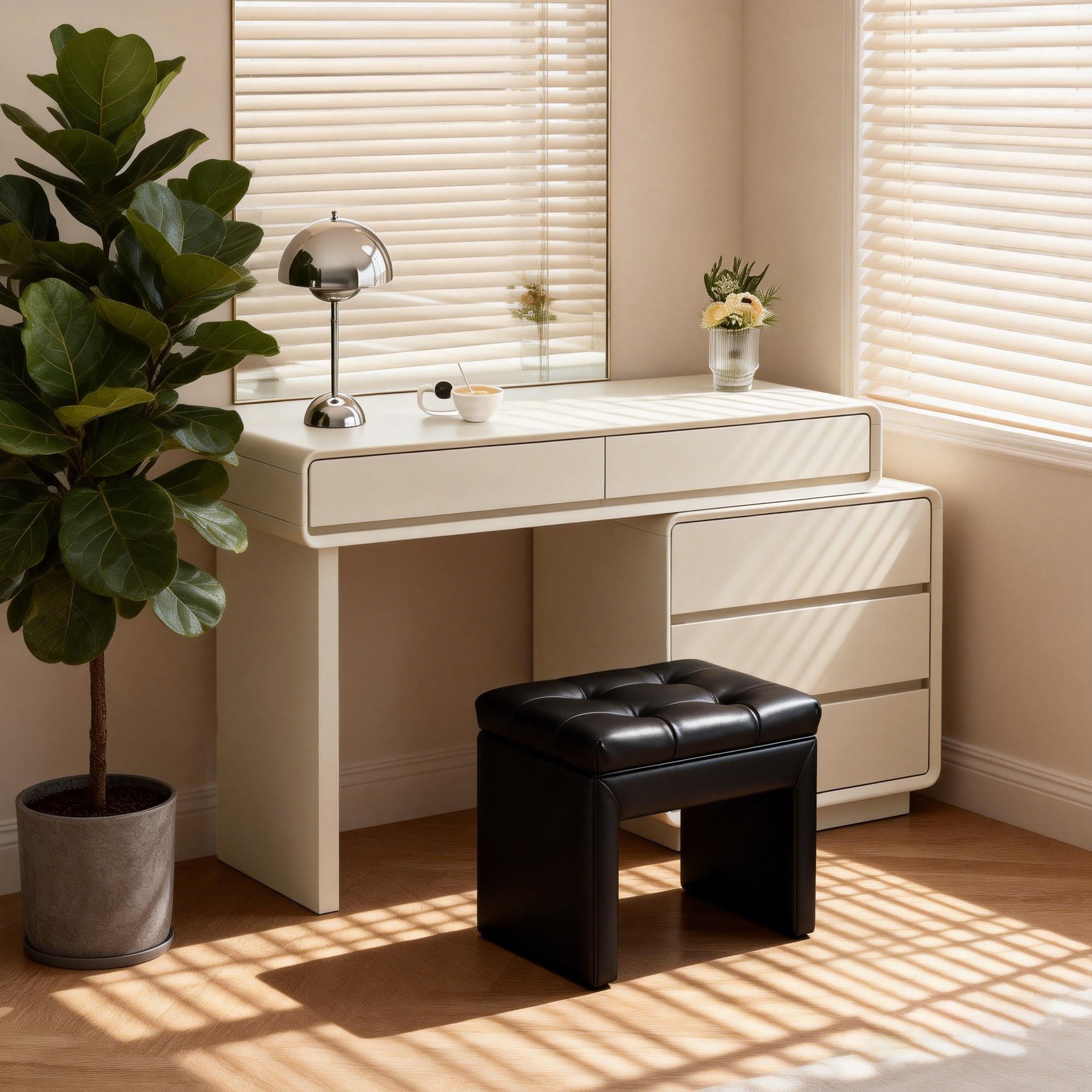 Contemporary Nordic Extendable Makeup Vanity - 5-Drawer High-Density MDF Particle Board Dressing Table For Bedroom Cuvalon