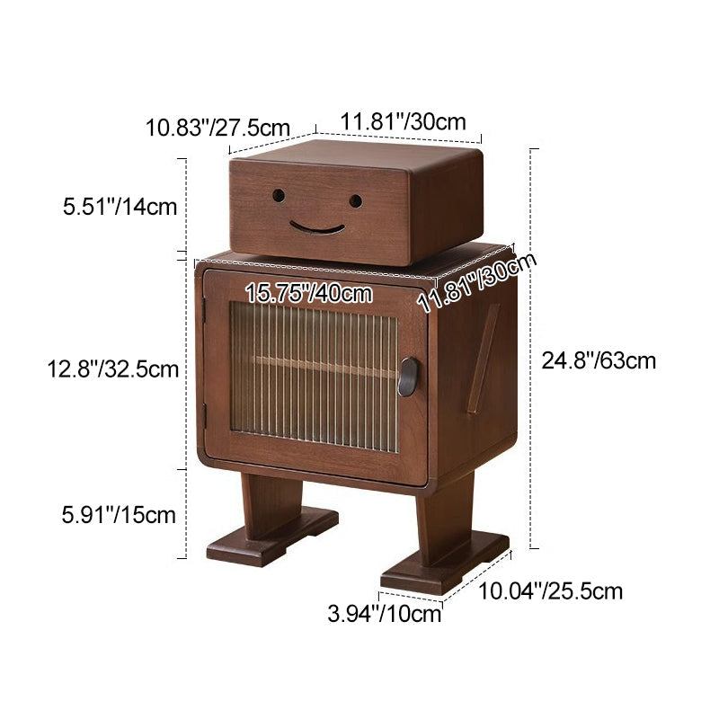 Contemporary Creative Solid Wood Glass Rounded Robot-Shaped Nightstand With 2 Storage For Bedroom & Living Room Cuvalon