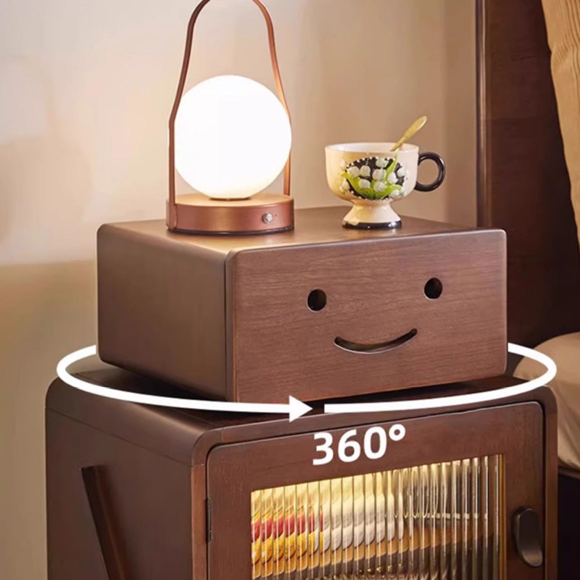 Contemporary Creative Solid Wood Glass Rounded Robot-Shaped Nightstand With 2 Storage For Bedroom & Living Room Cuvalon