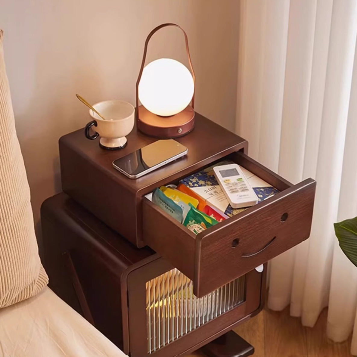 Contemporary Creative Solid Wood Glass Rounded Robot-Shaped Nightstand With 2 Storage For Bedroom & Living Room Cuvalon