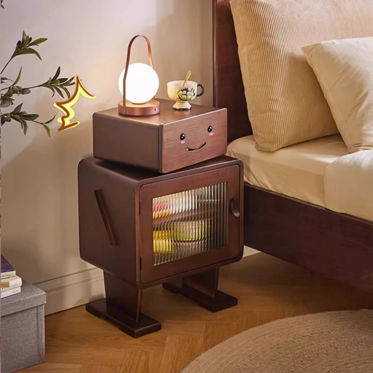 Contemporary Creative Solid Wood Glass Rounded Robot-Shaped Nightstand With 2 Storage For Bedroom & Living Room Cuvalon