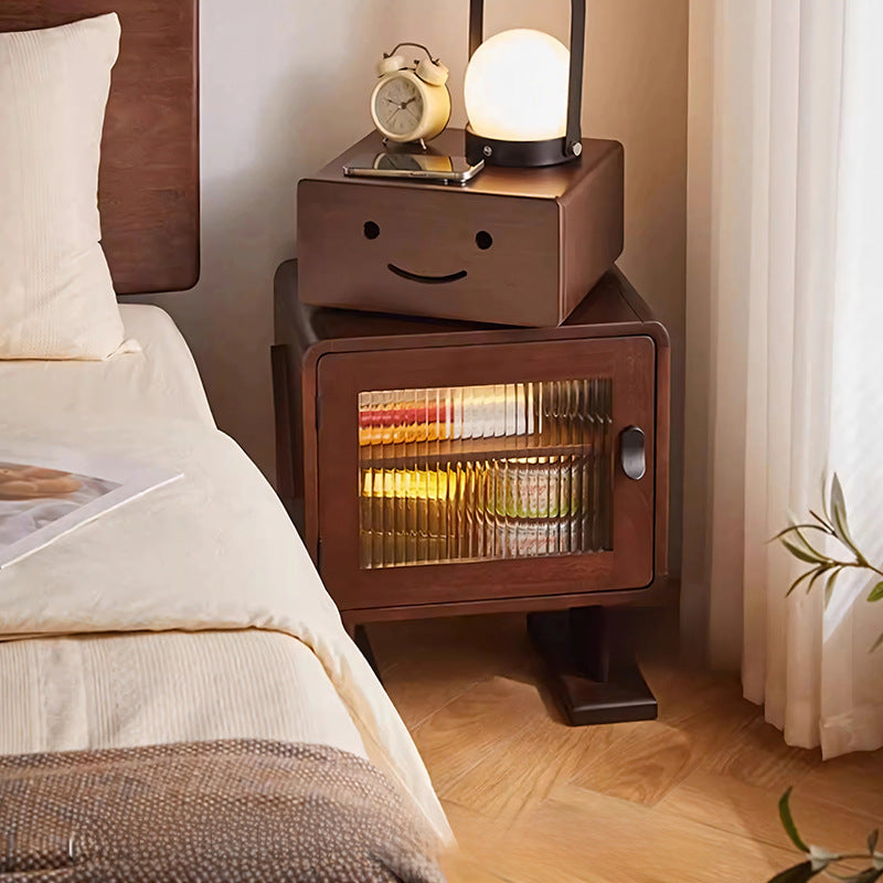 Contemporary Creative Solid Wood Glass Rounded Robot-Shaped Nightstand With 2 Storage For Bedroom & Living Room Cuvalon