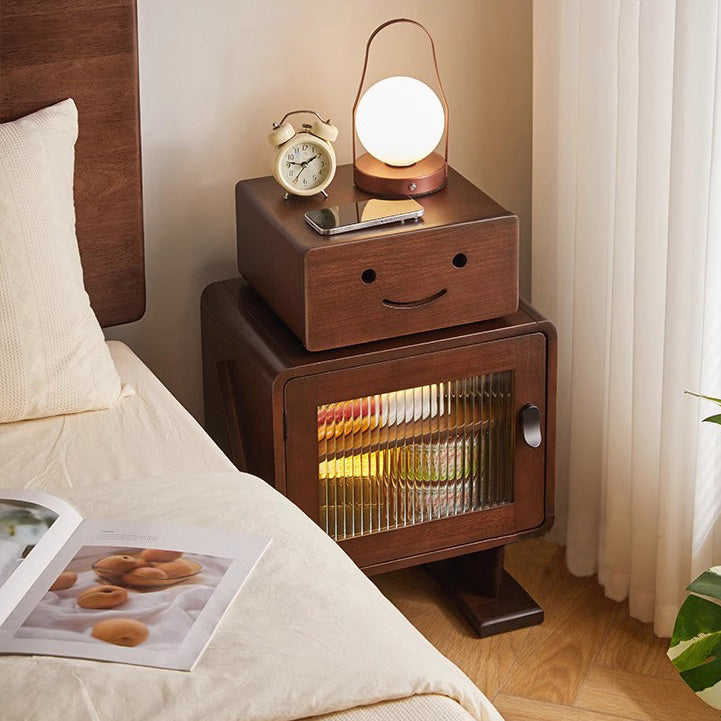 Contemporary Creative Solid Wood Glass Rounded Robot-Shaped Nightstand With 2 Storage For Bedroom & Living Room Cuvalon