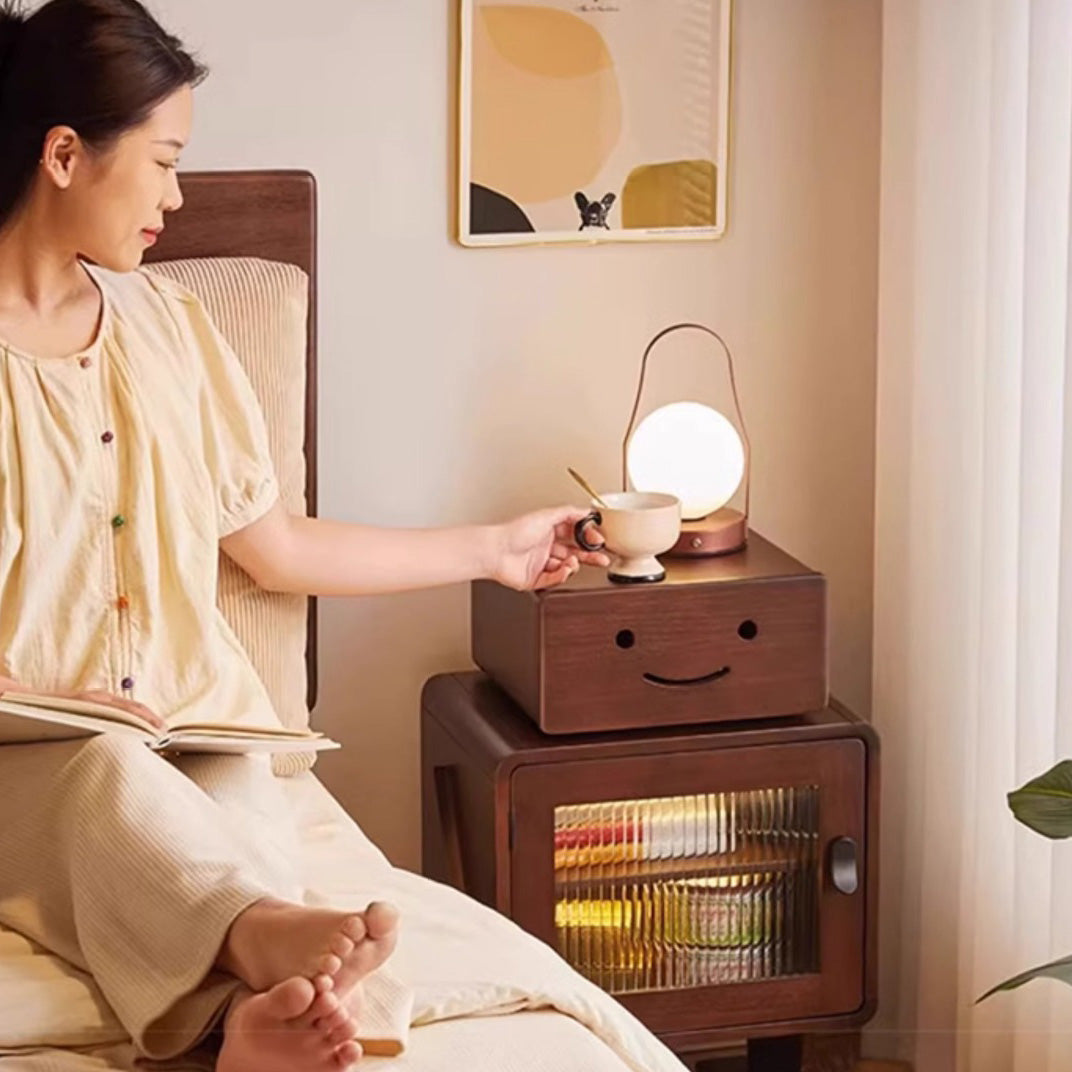 Contemporary Creative Solid Wood Glass Rounded Robot-Shaped Nightstand With 2 Storage For Bedroom & Living Room Cuvalon