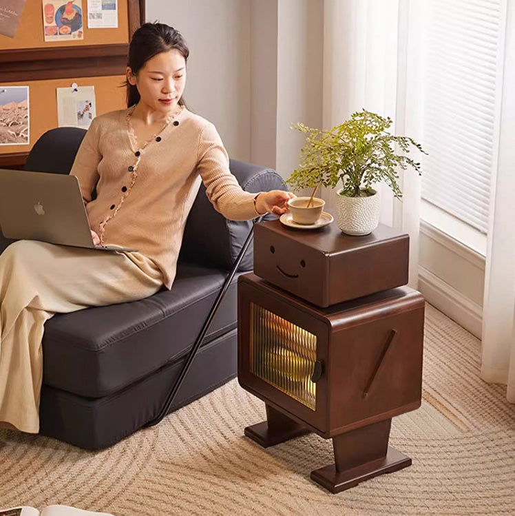 Contemporary Creative Solid Wood Glass Rounded Robot-Shaped Nightstand With 2 Storage For Bedroom & Living Room Cuvalon