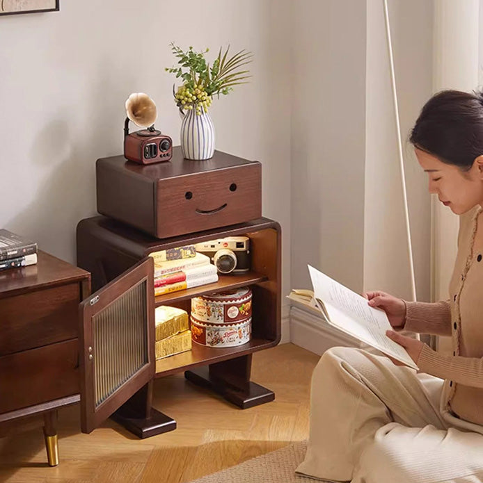 Contemporary Creative Solid Wood Glass Rounded Robot-Shaped Nightstand With 2 Storage For Bedroom & Living Room Cuvalon