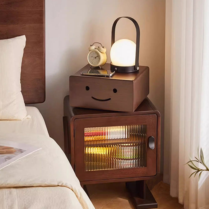 Contemporary Creative Solid Wood Glass Rounded Robot-Shaped Nightstand With 2 Storage For Bedroom & Living Room Cuvalon