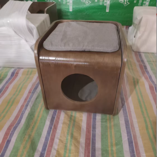 Traditional Chinese Oak Multi-Layer Board Rounded Square Cat Bed 1/2 Storage For Bedroom Cuvalon