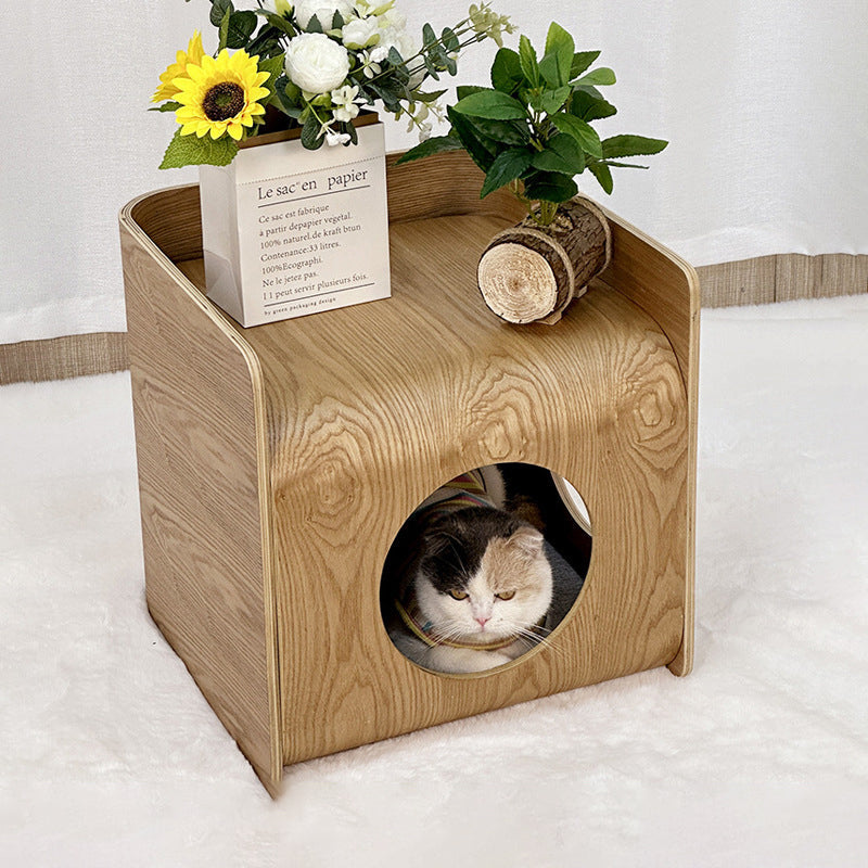 Traditional Chinese Oak Multi-Layer Board Rounded Square Cat Bed 1/2 Storage For Bedroom Cuvalon