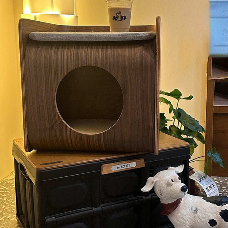 Traditional Chinese Oak Multi-Layer Board Rounded Square Cat Bed 1/2 Storage For Bedroom Cuvalon