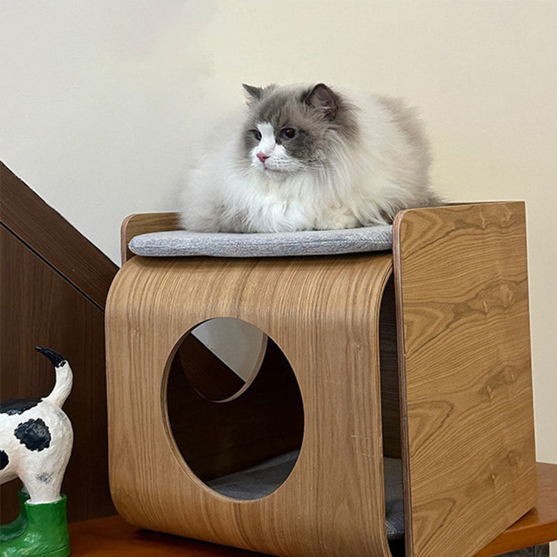 Traditional Chinese Oak Multi-Layer Board Rounded Square Cat Bed 1/2 Storage For Bedroom Cuvalon