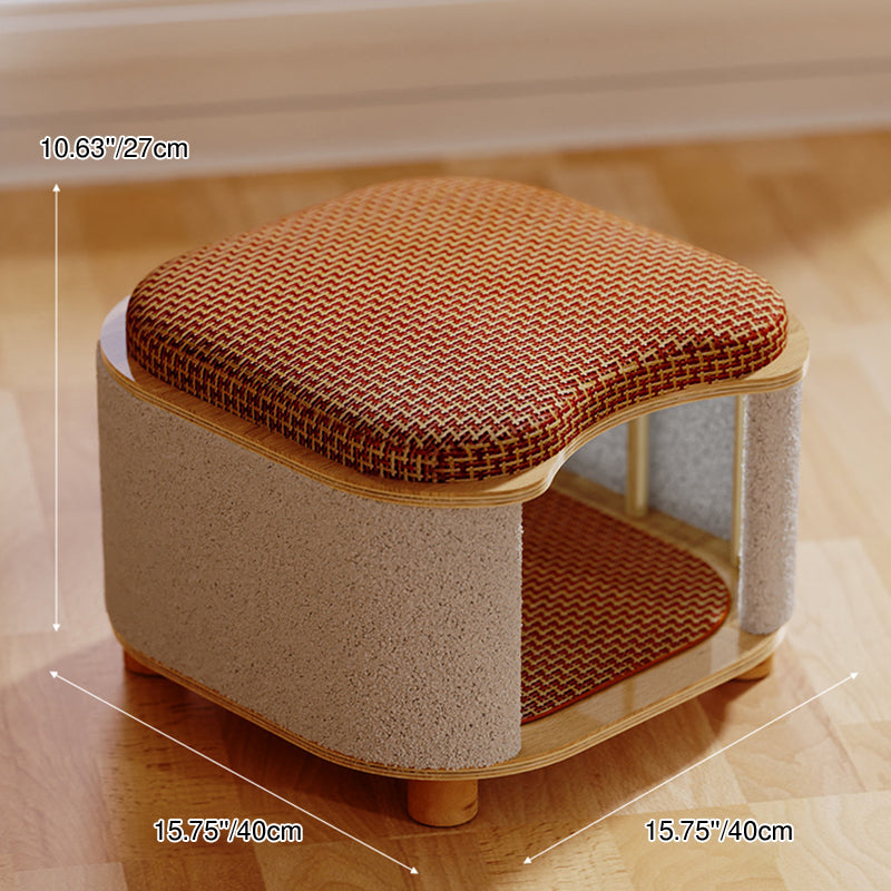 Traditional Chinese Solid Wood Rattan Mat Curved Square Cat House 2-Tier For Bedroom Cuvalon