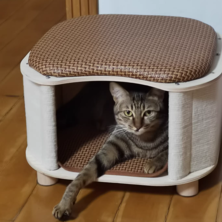Traditional Chinese Solid Wood Rattan Mat Curved Square Cat House 2-Tier For Bedroom Cuvalon