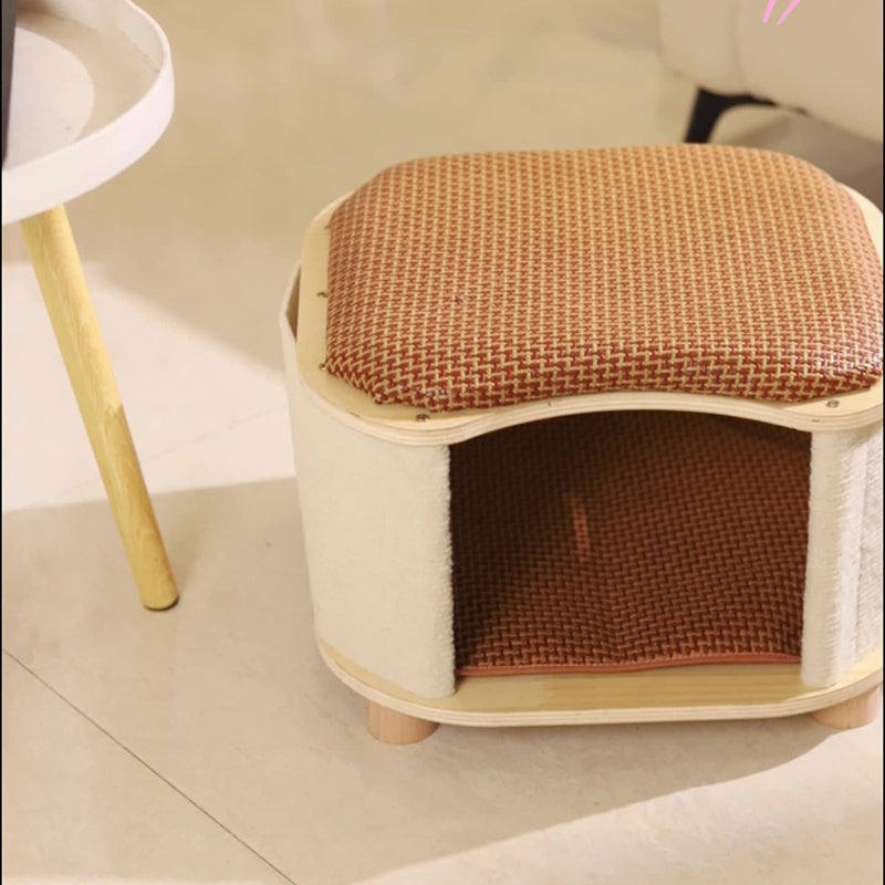 Traditional Chinese Solid Wood Rattan Mat Curved Square Cat House 2-Tier For Bedroom Cuvalon