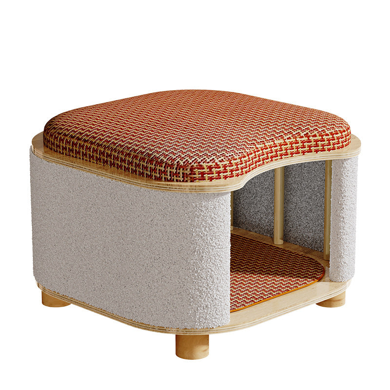 Traditional Chinese Solid Wood Rattan Mat Curved Square Cat House 2-Tier For Bedroom Cuvalon