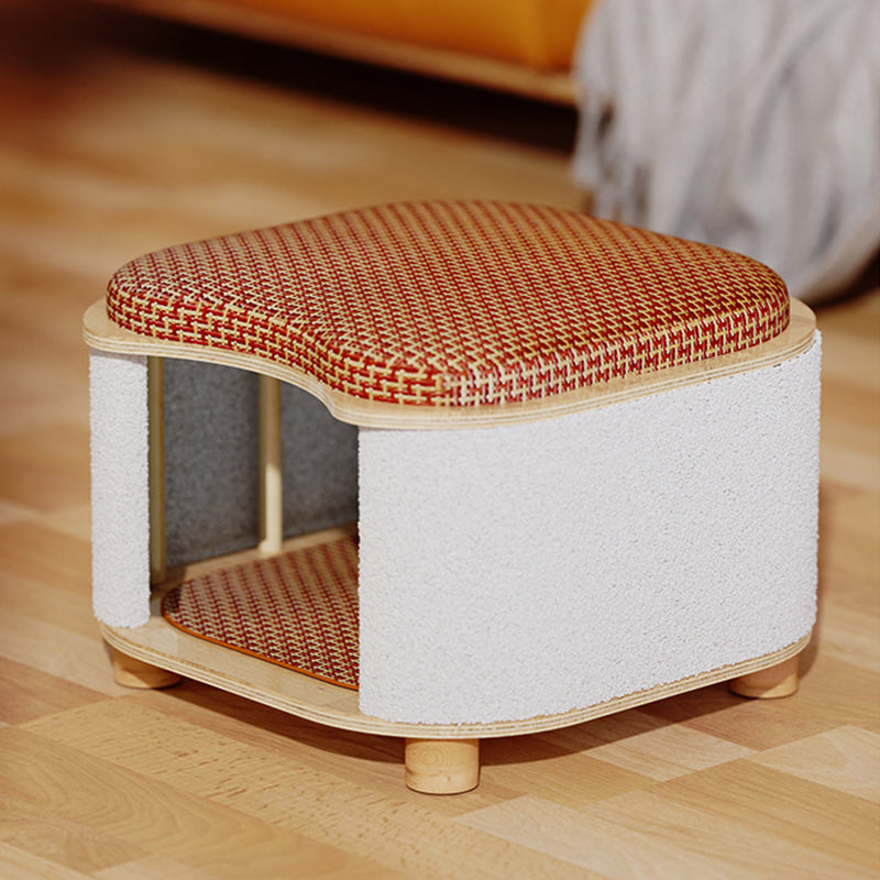 Traditional Chinese Solid Wood Rattan Mat Curved Square Cat House 2-Tier For Bedroom Cuvalon
