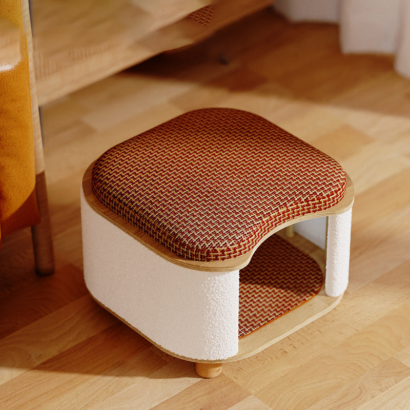 Traditional Chinese Solid Wood Rattan Mat Curved Square Cat House 2-Tier For Bedroom Cuvalon