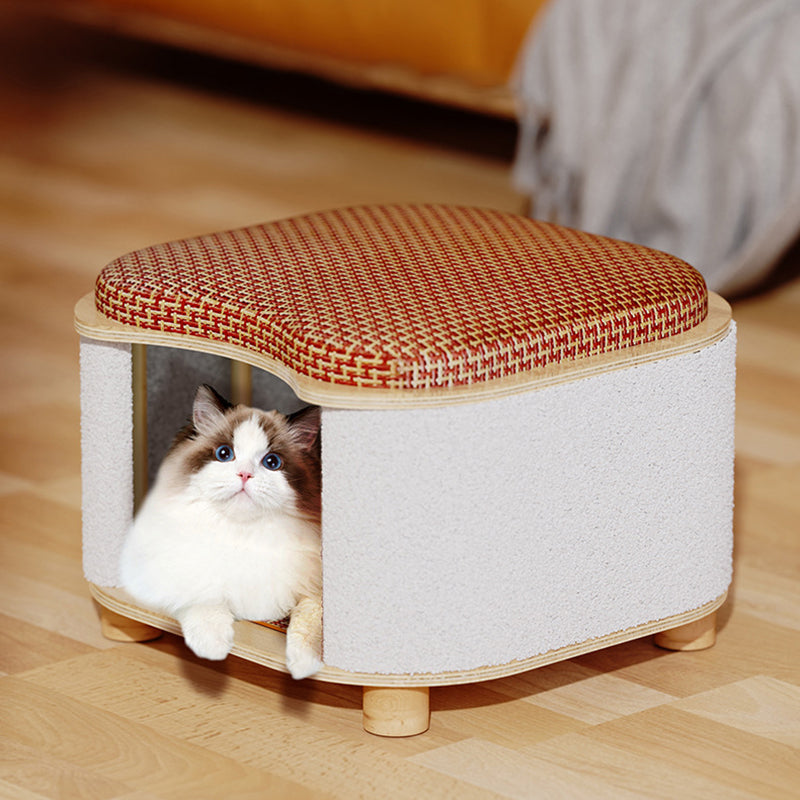 Traditional Chinese Solid Wood Rattan Mat Curved Square Cat House 2-Tier For Bedroom Cuvalon