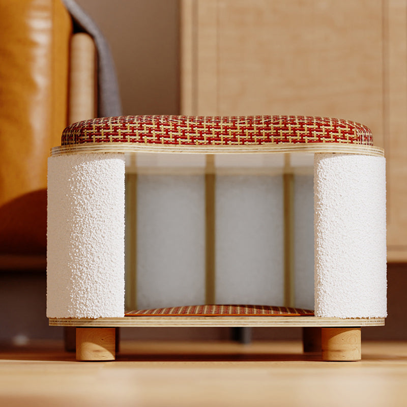 Traditional Chinese Solid Wood Rattan Mat Curved Square Cat House 2-Tier For Bedroom Cuvalon