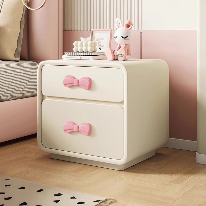 Modern Art Deco Rectangular Bowknot Solid Wood Kids Nightstand 2-Drawer For Bedroom Cuvalon