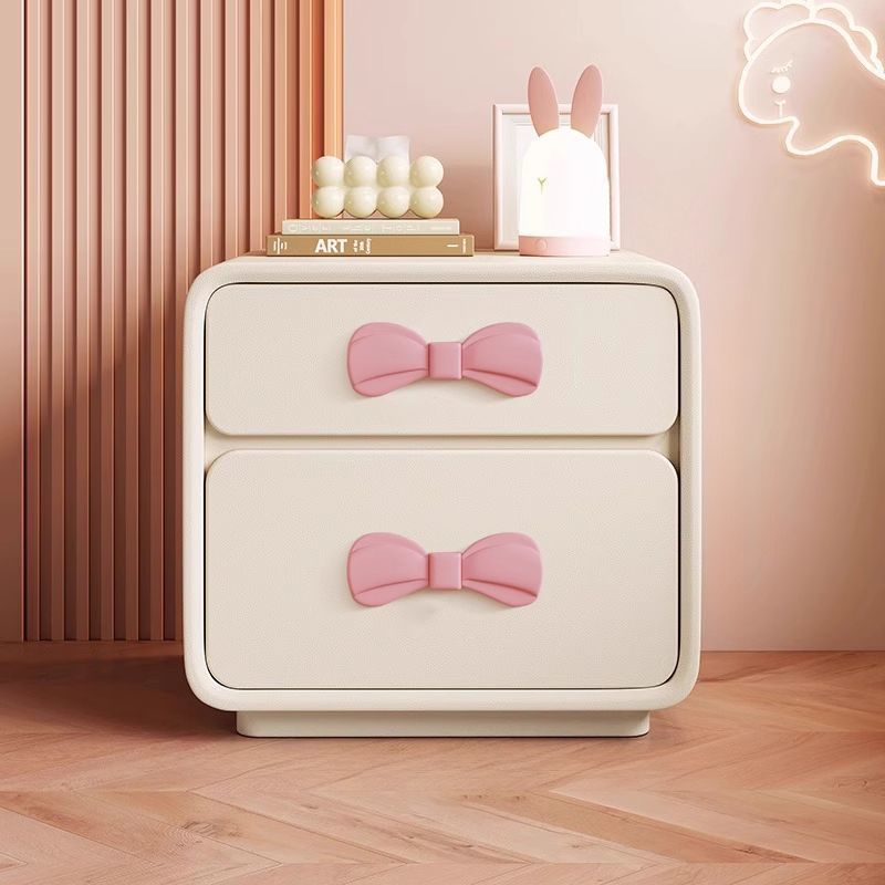 Modern Art Deco Rectangular Bowknot Solid Wood Kids Nightstand 2-Drawer For Bedroom Cuvalon