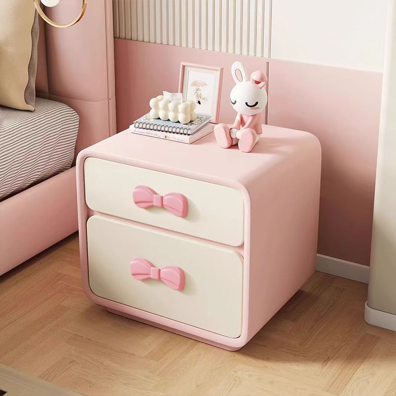 Modern Art Deco Rectangular Bowknot Solid Wood Kids Nightstand 2-Drawer For Bedroom Cuvalon