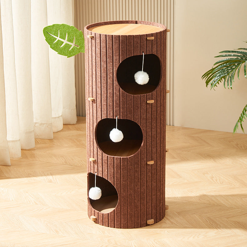 Traditional Rustic Cylindrical Tree Hole Felt Sherpa Fleece & MDF Cat Tower 2/3-Hole For Living Room Cuvalon