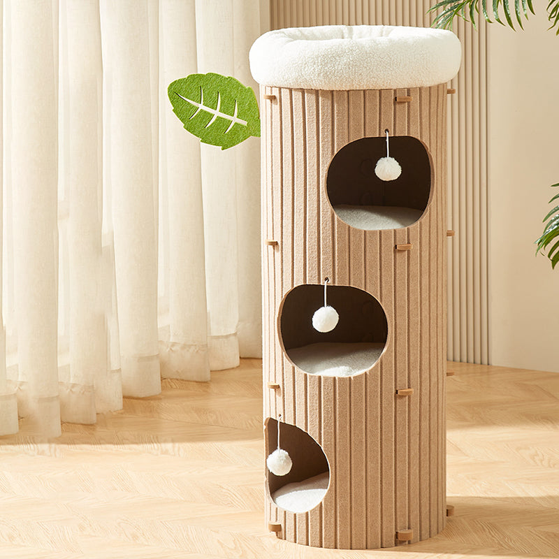 Traditional Rustic Cylindrical Tree Hole Felt Sherpa Fleece & MDF Cat Tower 2/3-Hole For Living Room Cuvalon