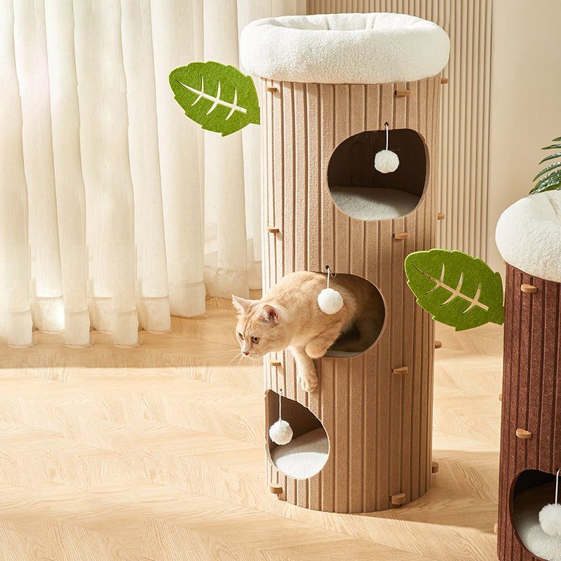 Traditional Rustic Cylindrical Tree Hole Felt Sherpa Fleece & MDF Cat Tower 2/3-Hole For Living Room Cuvalon
