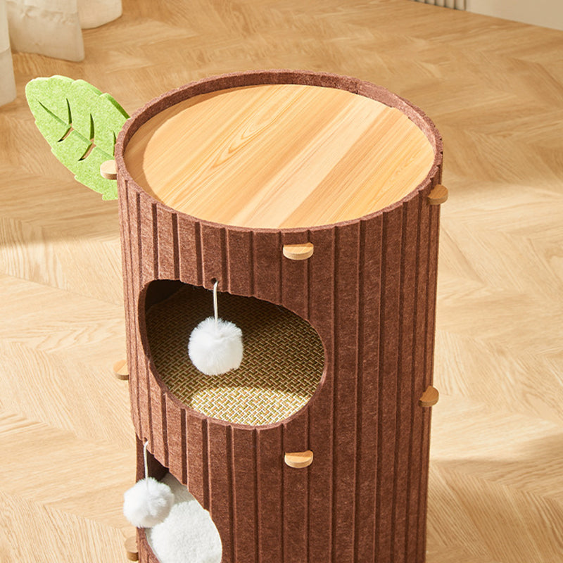 Traditional Rustic Cylindrical Tree Hole Felt Sherpa Fleece & MDF Cat Tower 2/3-Hole For Living Room Cuvalon