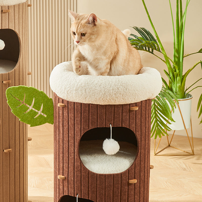 Traditional Rustic Cylindrical Tree Hole Felt Sherpa Fleece & MDF Cat Tower 2/3-Hole For Living Room Cuvalon