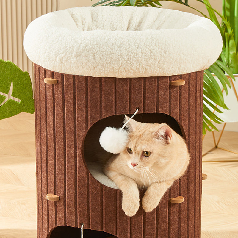 Traditional Rustic Cylindrical Tree Hole Felt Sherpa Fleece & MDF Cat Tower 2/3-Hole For Living Room Cuvalon