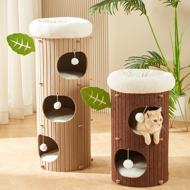Traditional Rustic Cylindrical Tree Hole Felt Sherpa Fleece & MDF Cat Tower 2/3-Hole For Living Room Cuvalon