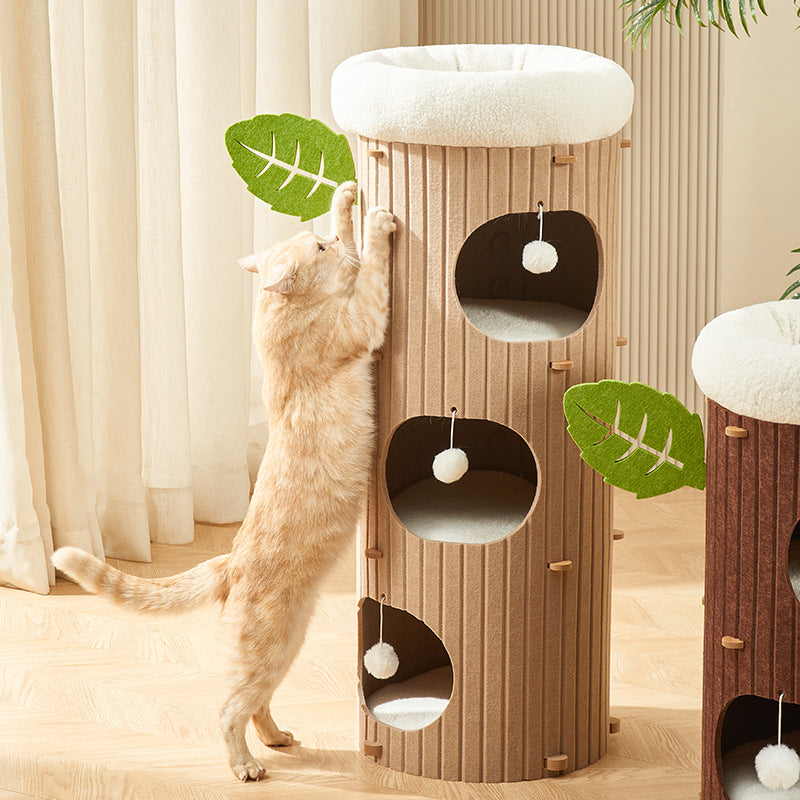 Traditional Rustic Cylindrical Tree Hole Felt Sherpa Fleece & MDF Cat Tower 2/3-Hole For Living Room Cuvalon