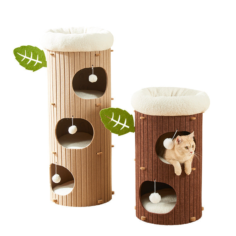 Traditional Rustic Cylindrical Tree Hole Felt Sherpa Fleece & MDF Cat Tower 2/3-Hole For Living Room Cuvalon