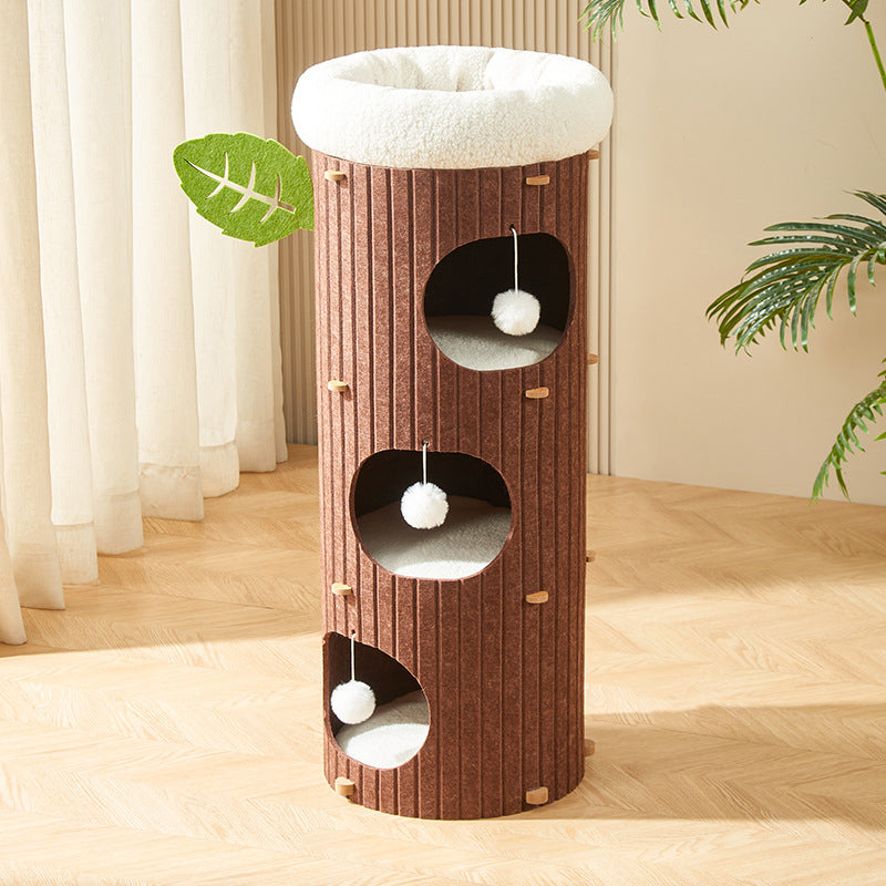 Traditional Rustic Cylindrical Tree Hole Felt Sherpa Fleece & MDF Cat Tower 2/3-Hole For Living Room Cuvalon