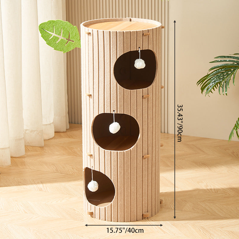 Traditional Rustic Cylindrical Tree Hole Felt Sherpa Fleece & MDF Cat Tower 2/3-Hole For Living Room Cuvalon